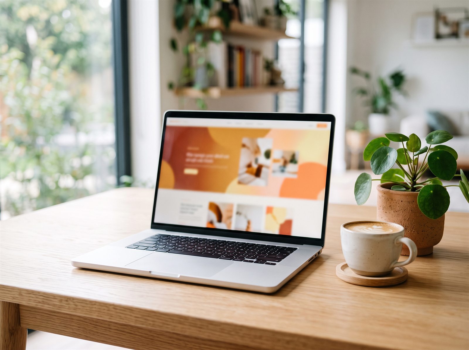 A laptop on a desk showing a colourful custom website