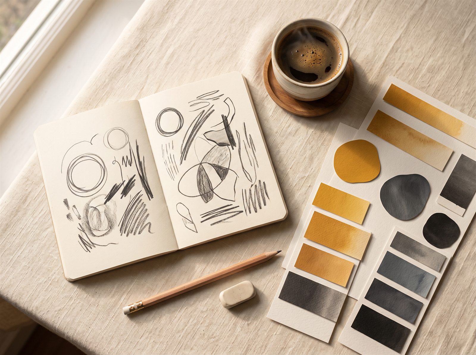 An overhead flat-lay of a designer's desk with colour swatches, a sketchbook, and a pencil
