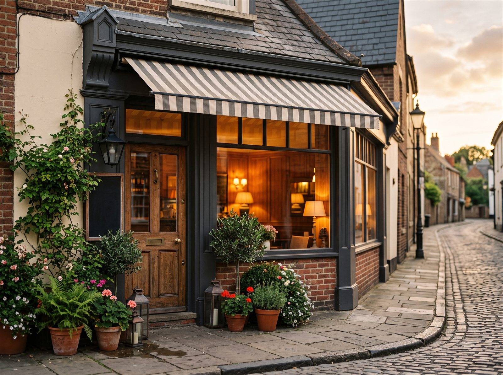A small local storefront glowing warmly at golden hour